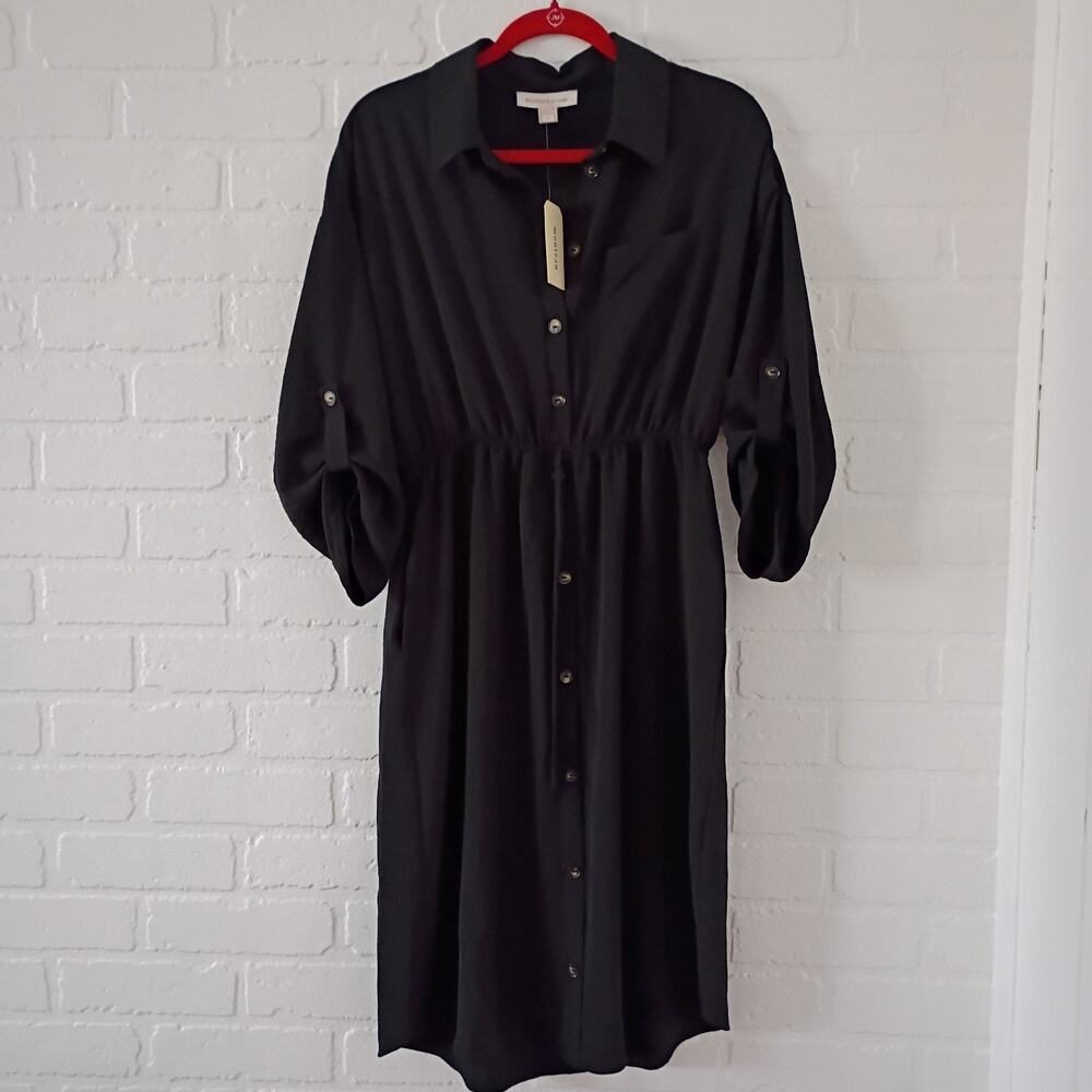 NWT Black Midi Shirt Dress Women Size L Monteau Prairie Cottagecore Minimalist